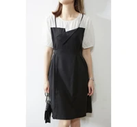 2020 temperament black and white color matching waist shows thin retro french bubble sleeve fake two piece dress