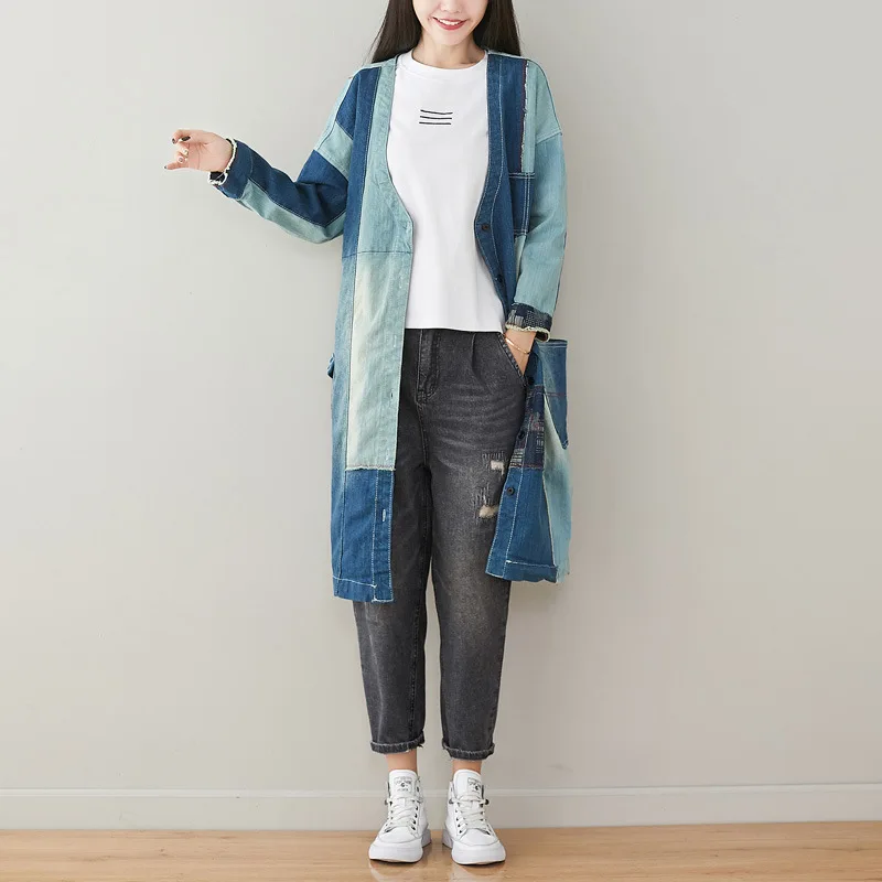 Женский джинсовый плащ в стиле пэтчворк верхняя одежда женское однобортное