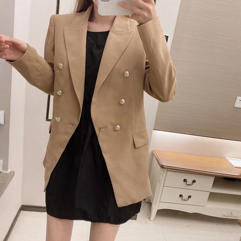 

YOSICIL Casual Brown Blazer Women Outerwear Double Breasted Fashion Lady Blazer Suit Long Sleeve Office Wear Coat Femme Veste