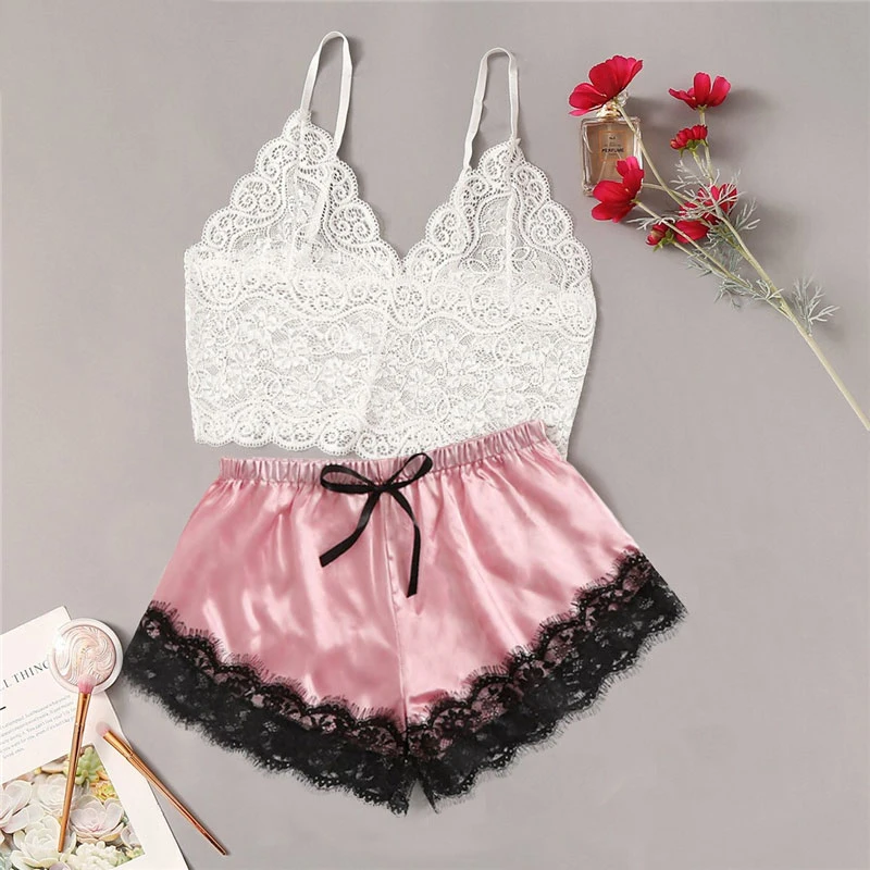 

2020 Lace Trim Satin Cami Top Sexy Lingerie Pyjamas Set Women V Neck Sleeveless Strap Pajama Sets Summer Women Bow Sleepwear Set