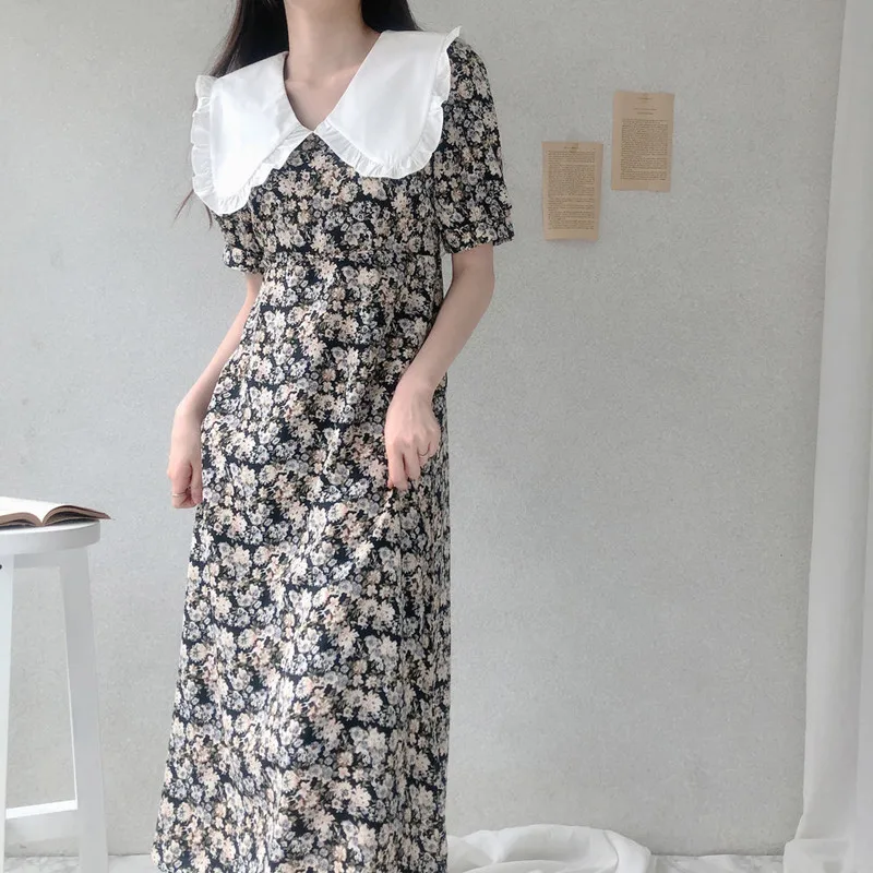 

Hzirip Gentle Korean Summer Peter Pan Collar Sppliced Ladies 2021 Casual All-Match Fashion Floral Chiffon Elegant Long Dress