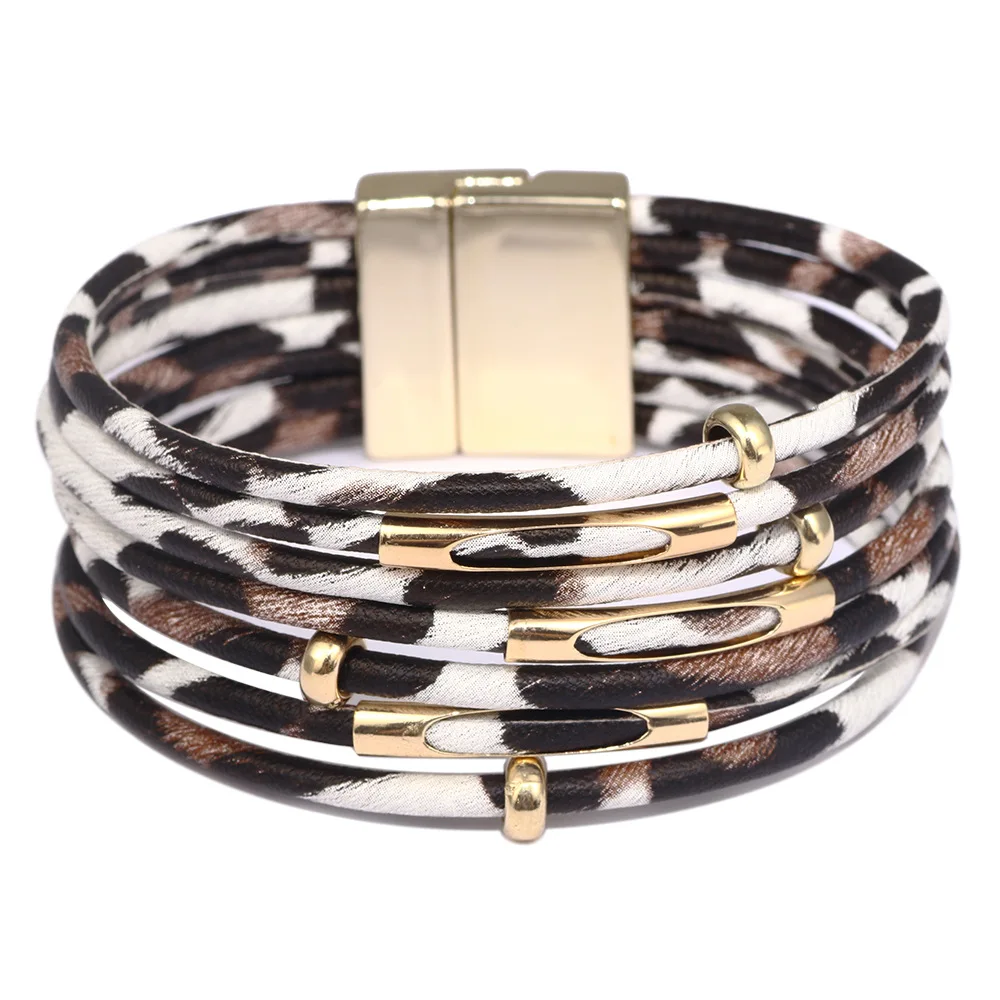 white Multilayer Magnet Fashion Leopard Trendy Leather Bracelets Women Fashion Girl Cuff Bangle Female Jewelry geometric - Окраска металла: white