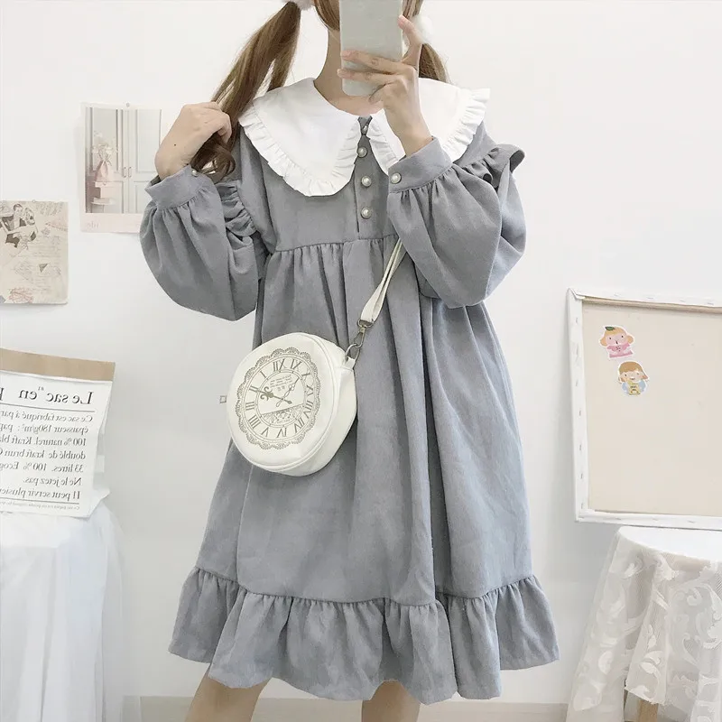 Осенне-зимнее Повседневное платье в стиле Лолиты Kawaii, новое японское милое ретро платье с кукольным воротником, свободное плиссированное платье с длинными рукавами