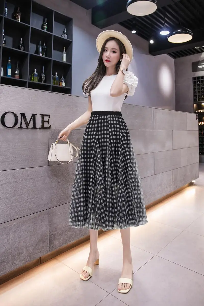 Длинные пляжные юбки новинка 2021 Женская клетчатая юбка из тюля с принтом