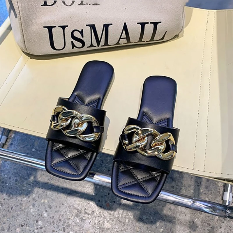 

Women Summer Slippers Ladies Square Toe Sandal Slipper Casual Flip Flops Beach Chain Flat Shoes Female Slip On Shoe New Fashion