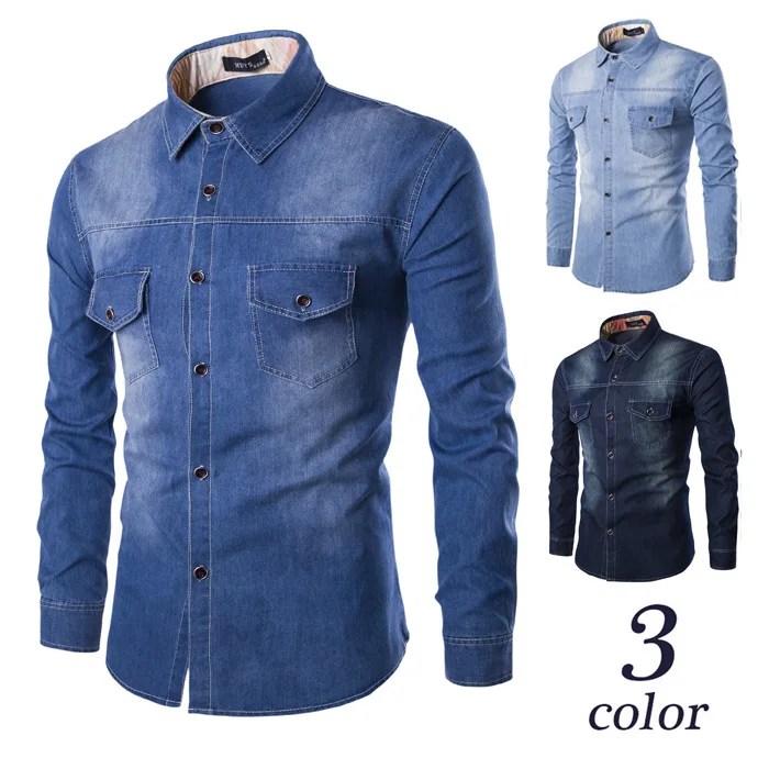 

2020 spring and autumn new men's shirt large size men's denim blouse chest double pockets slim long sleeve jacket coat clothes
