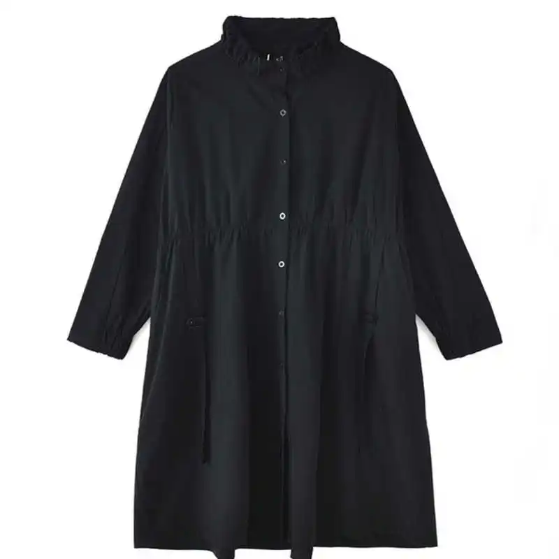 

IEQJ Women Black Leisure Pleated Long Big Size Blouse New Stand Collar Long Sleeve Loose Fit Shirt Fashion Spring Autumn