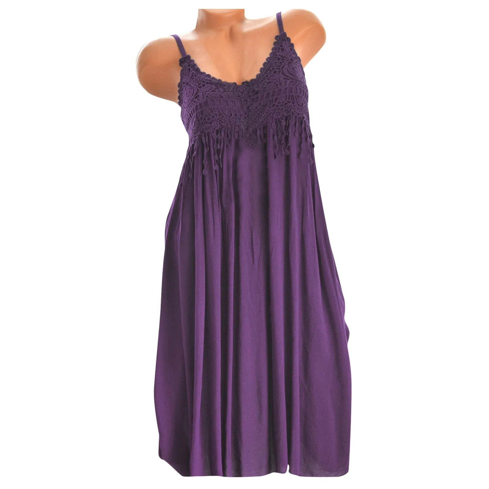 

Women's Bohemian Style Dress Casual Lace Hollow Sleeveless Loose Spaghetti Trap Tunic Sling Folds Decoration Loose Long Dress