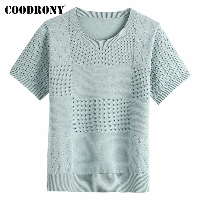 

COODRONY Brand Female Elegant Casual Fashion Thin Solid Color T-Shirts Summer Knitted Womens Short Sleeve O-Neck Tops W5065S