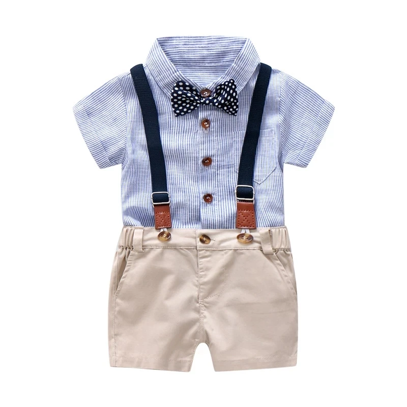 

Children Boy Bow Tie Clothes Suit For Baby Boy Gentleman Summer Sets Toddler Blue Striped Rompers+ Khaki Shorts Suspender Pants