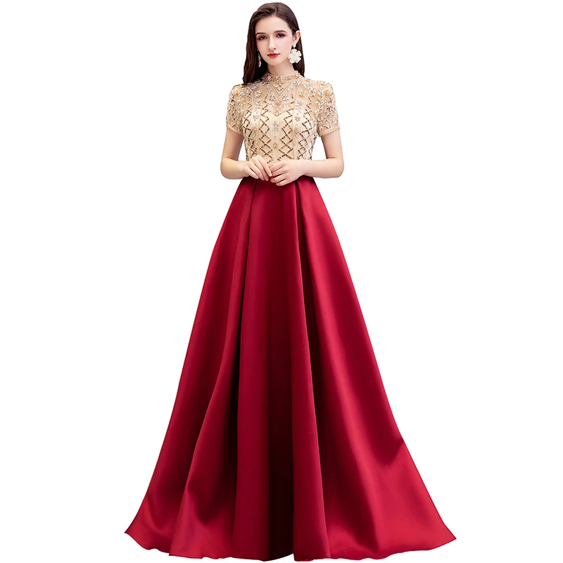 Винно-красные вечерние платья с высоким воротом элегантные атласные длинные для
