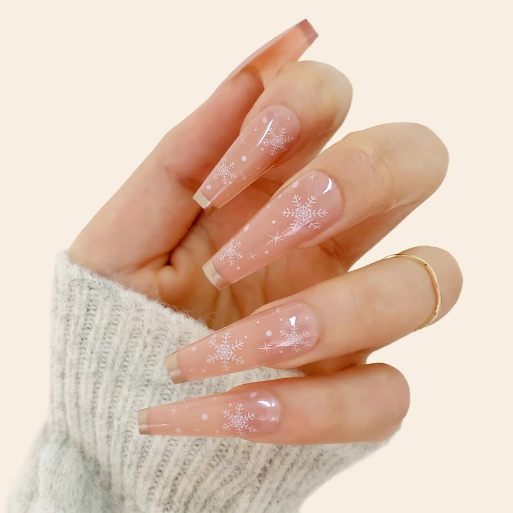 

Искусственные ногти с клеем, длинный балет, Обнаженная Снежинка, французский маникюр, готовые съемные накладные ногти, патчи TN