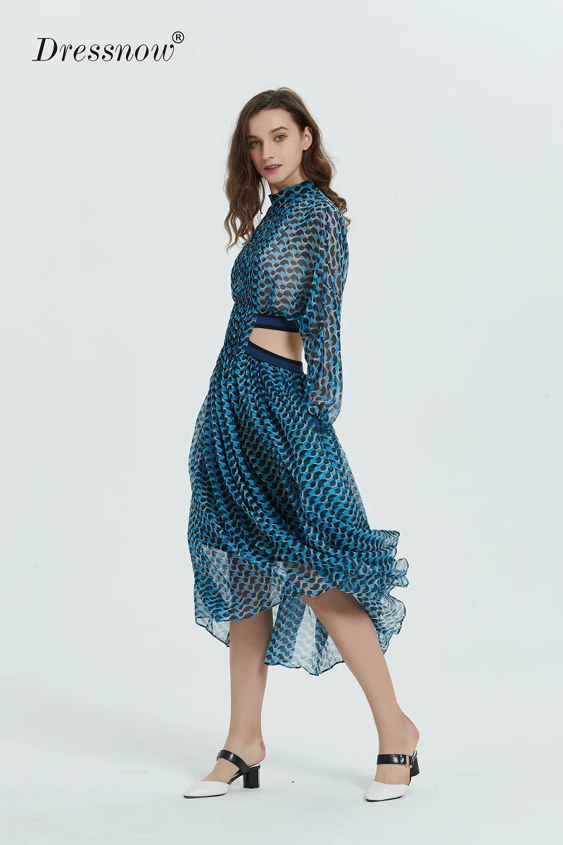 Dressnow, женское дизайнерское макси платье, для девушек, 3/4 рукав, геометрический принт, талия, с отверстиями, для праздника, повседневное, длинное, шифоновое