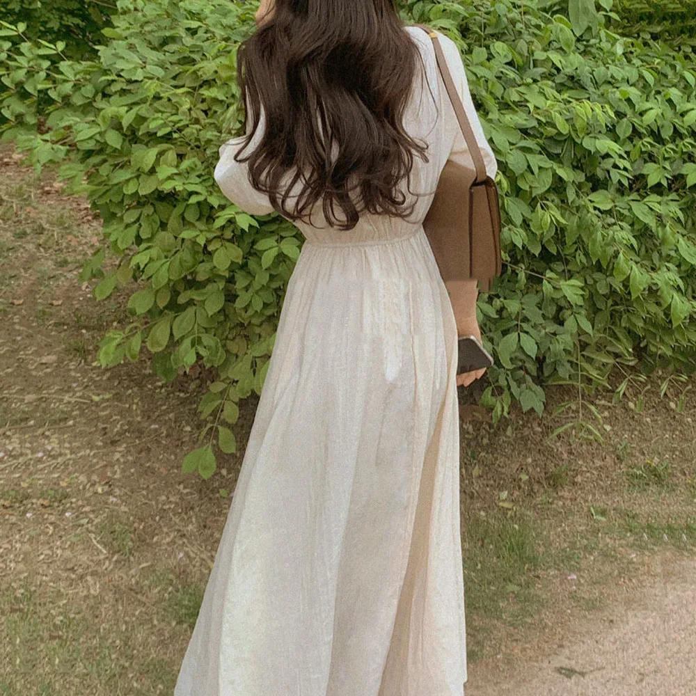 

New French Elegant Temperament Small Open Collar Sweet And Age-reducing Mid-length Waist Solid Color Little Fairy Dresses