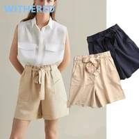 maxdutti 2022 england vintage solid simple high waist sashes loose summer bermuda shorts cargo pockets short feminino