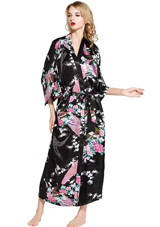 Женский Атласный халат с принтом цветочное кимоно повседневная одежда для сна