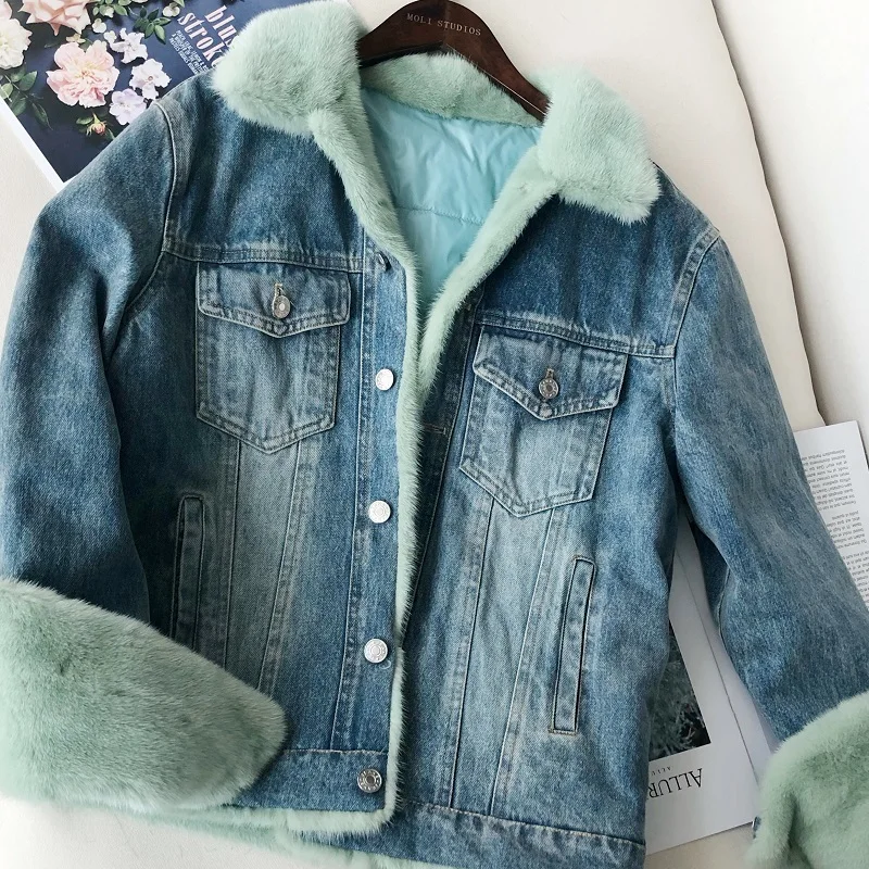 Winter leather Denim Jacket Women Real Natural mink Fur Coat Duck Down Thick Warm cowboy Parka casual luxury | Женская одежда