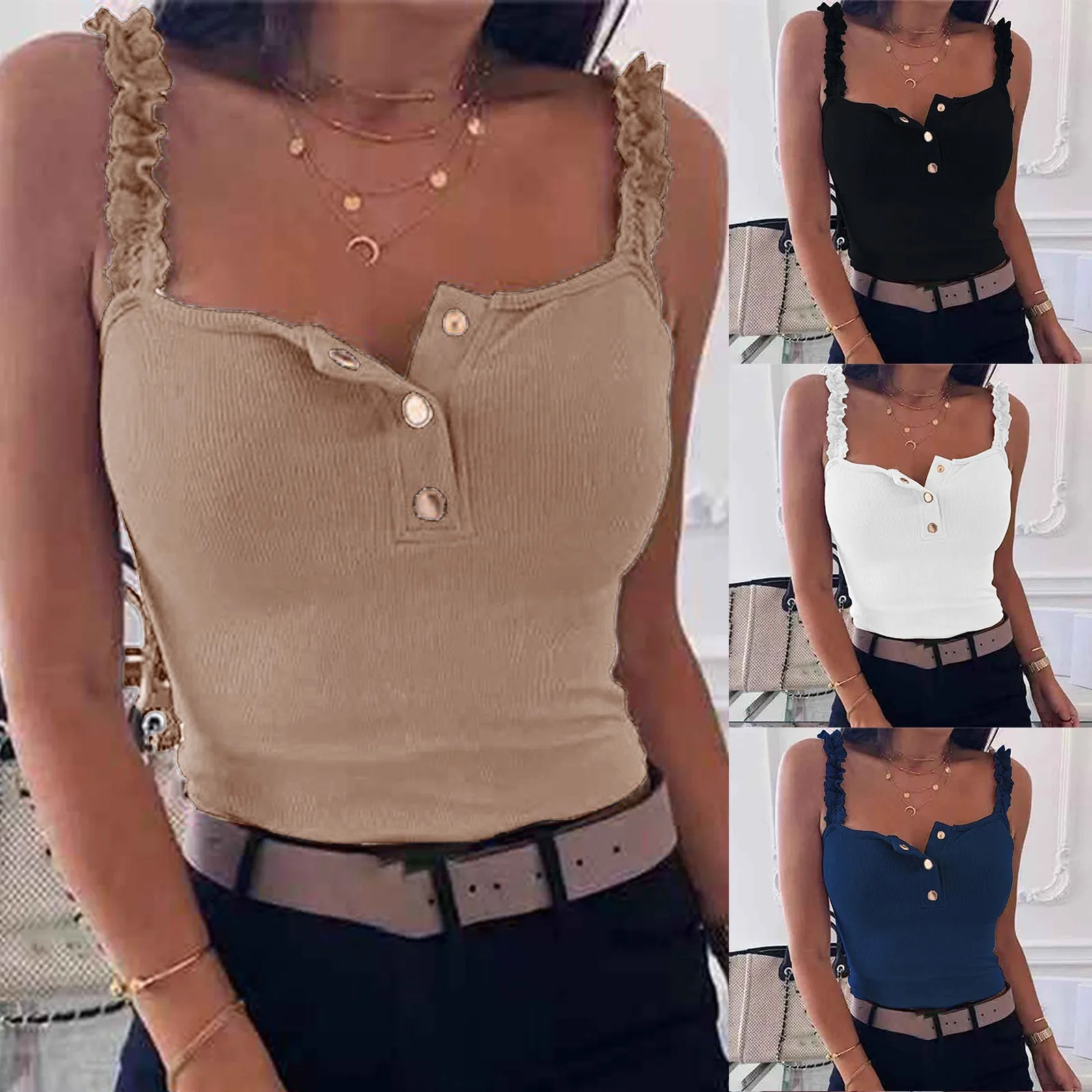 

Майка женская однотонная на бретельках, модный пикантный Повседневный Удобный свободный топ с кружевом, лето 2021