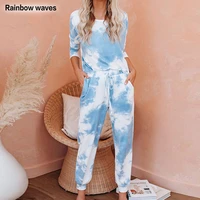 rainbowwaves hot sales tie dye pajamas set women two piece pullover t shirt and pants sleepwear casual tracksuit female clothing