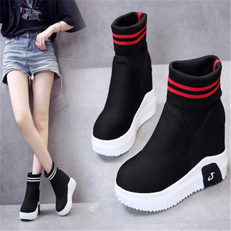 

2020 Autumn New Sock Boots Woman 11 CM Hided Wedge Platform Female Casual Shoes Wedge Lady Knitting Short Platform Ankle Boots