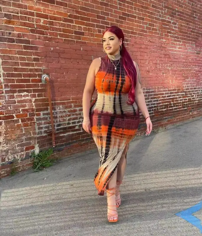 

XL-5XL Plus Size Dress Summer 2021 Women Clothing Casual Fasihon Sexy Tight Tie Dye Slit Long Dress Wholesale Dropshipping