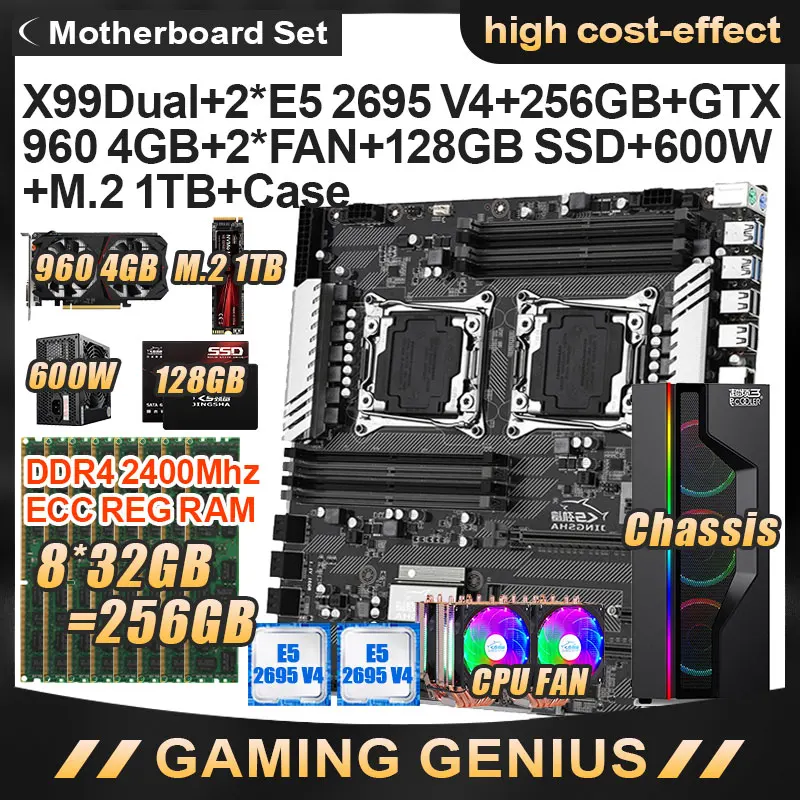 Online X99 Dual CPU Motherboard Set Mit E5 2695V4 CPU 8*32GB = 265GB DDR4 ECC REG 2400MHZ 2 Stücke Licht 2 CPU Fan GTX 960 4G Grafiken