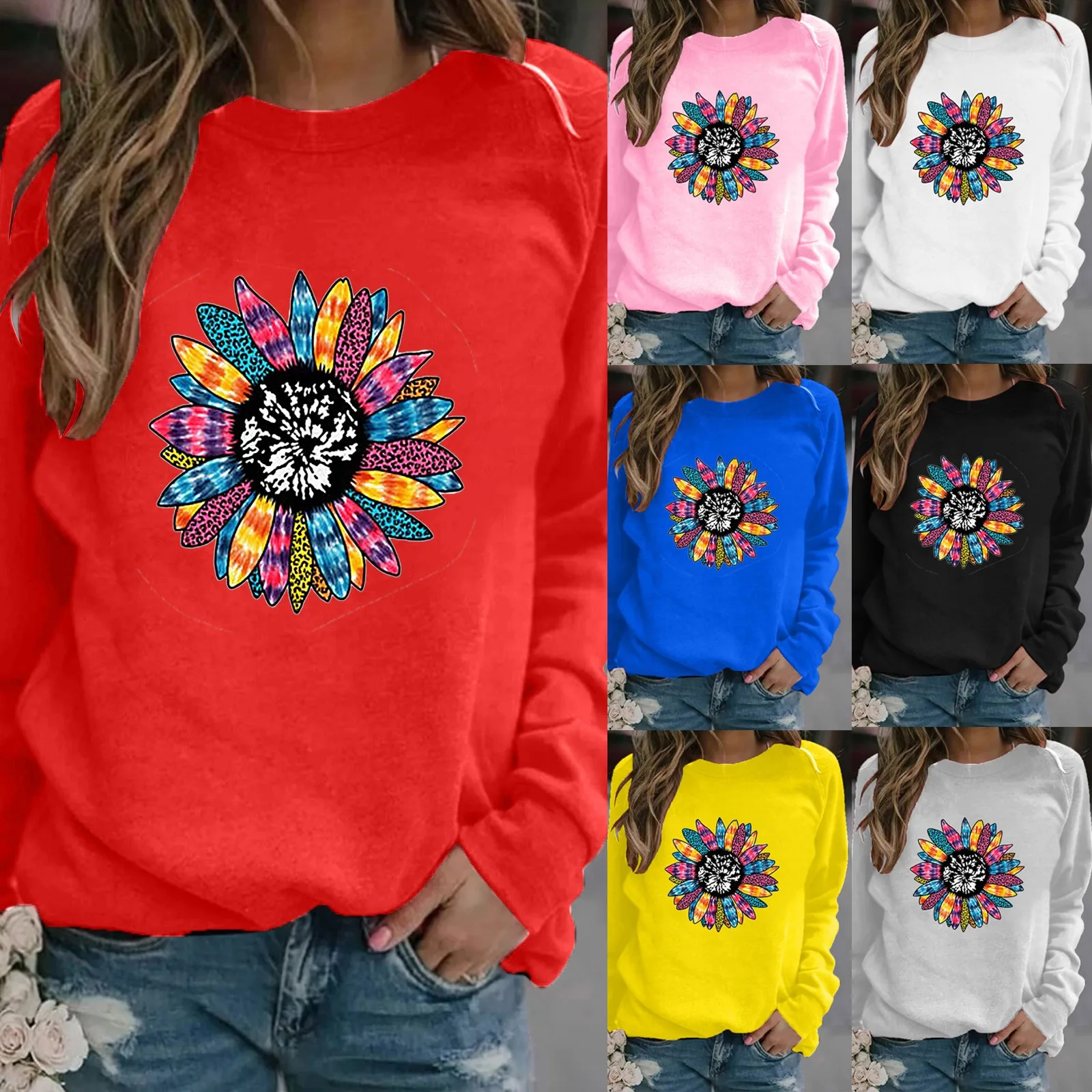 

Women's Fashion Casual Fun Print Round Neck Sweater Loose Sports Tops Pullover Sun Pullover Tops Casual Long Sleeve O-neck Femme