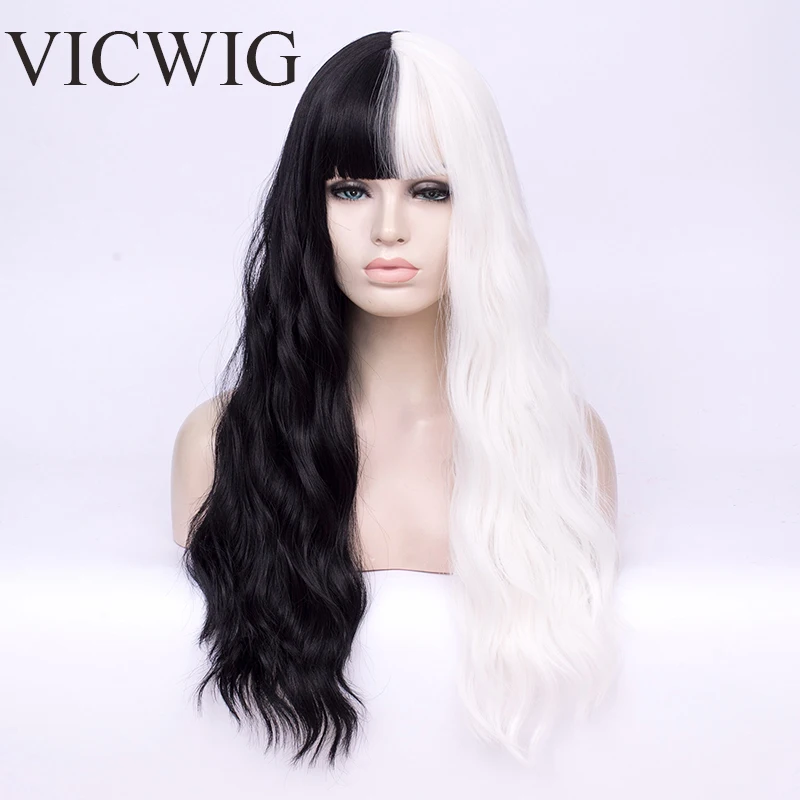 

VICWIG Cosplay Wig Colored for Women Two-Tone Stitching Long Curly Water Wave Synthetic Hair With Bangs
