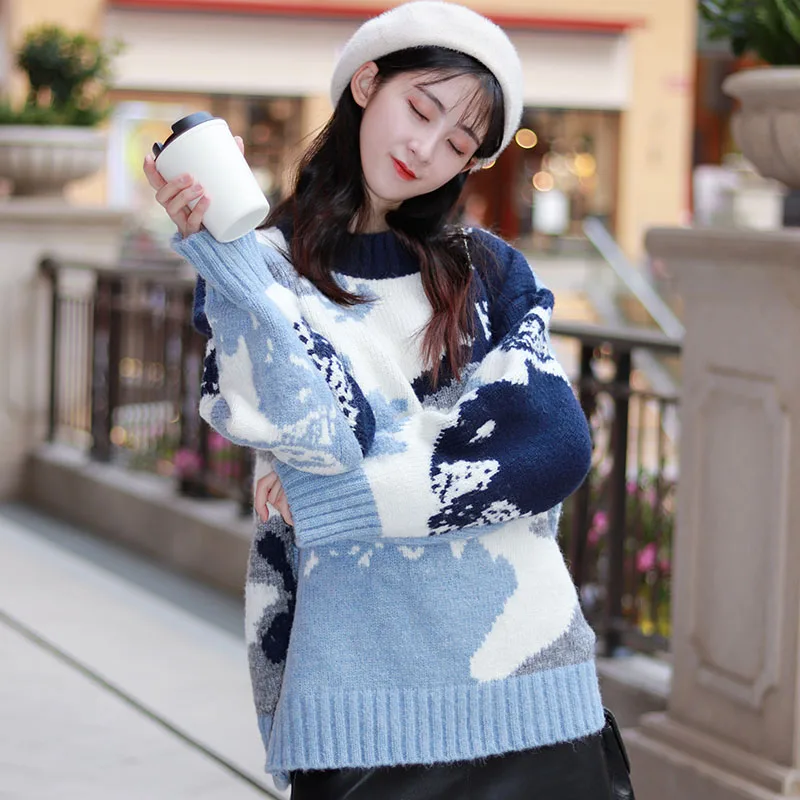 Young girl Sweaters Women's Clothing Blue New 2021 Winter Pullovers Knitted Loose Women Tops Long Sleeve Casual 511A | Женская