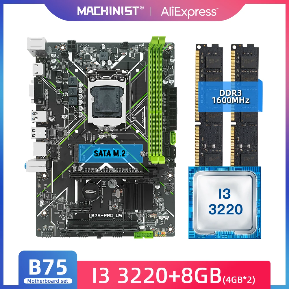 

MACHINIST B75 Motherboard LGA 1155 Set Kit with Inte I3 3220 Processor 8G(2*4) DDR3 Desktop Memory USB2.0,USB3.0 ATX B75-PRO US