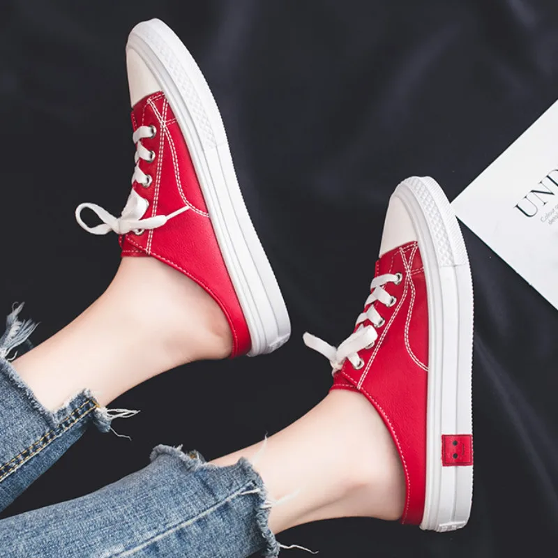 Женские парусиновые туфли белые полубосоножки на плоской подошве без застежки