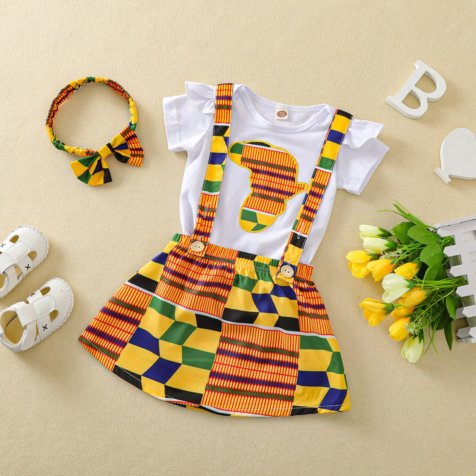 

Infant Baby Girl's Three Piece Set, Infant's Fly Sleeve Cartoon Printed Romper Irregular Pattern Skirt Hair Band for Newborn