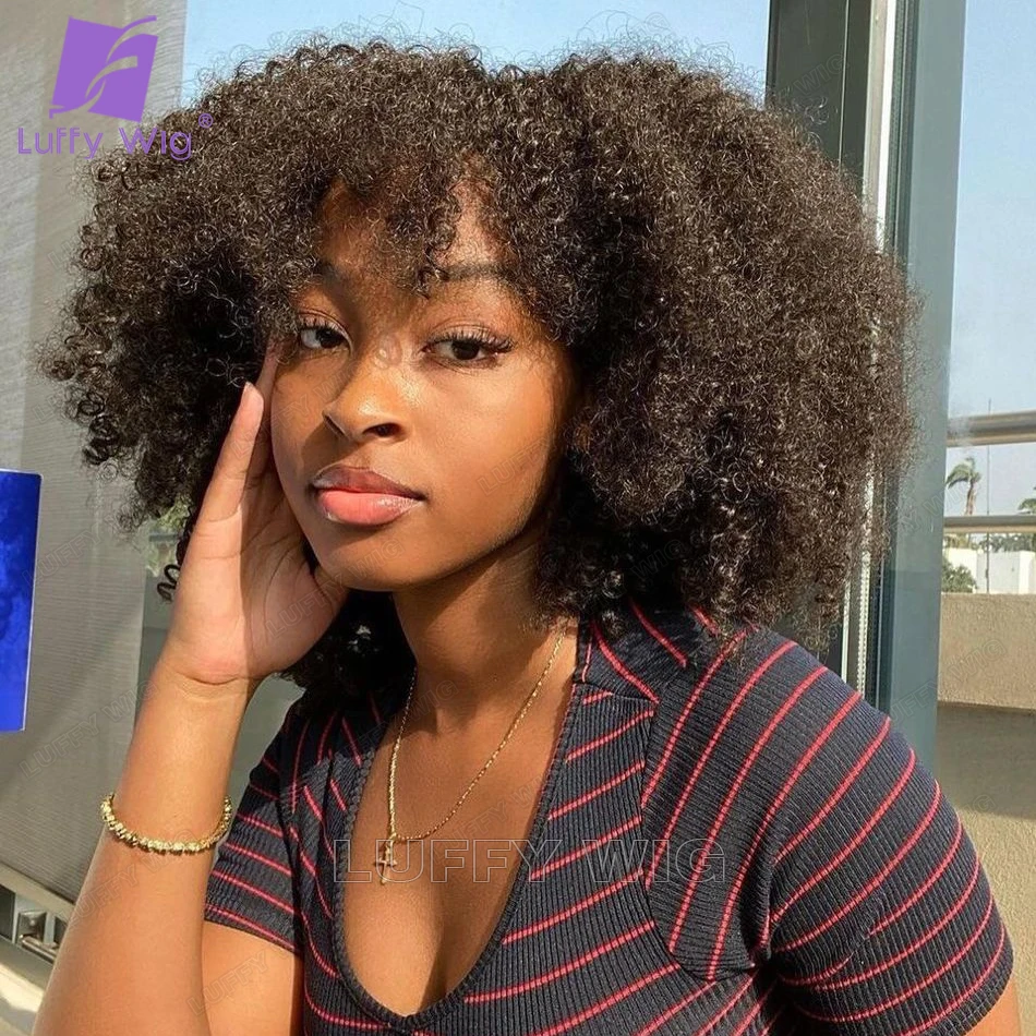 

Afro Kinky Curly Wig With Bangs Full Machine Made Scalp Top Wig 200 Density Remy Brazilian Human Hair Wigs For Women Luffywig
