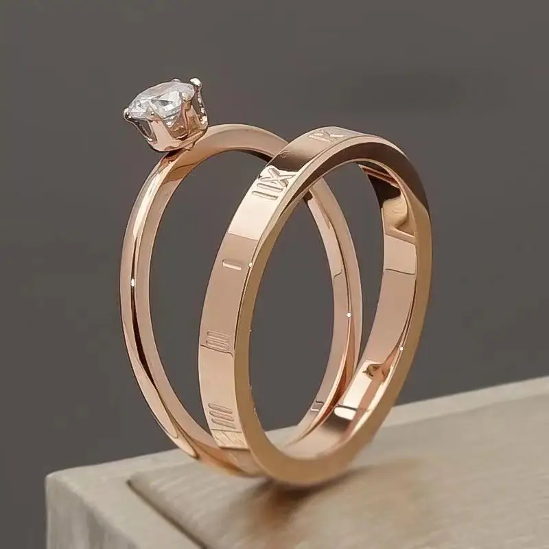 

Titanium Steel Six Jaw Set Diamond Roman Numeral Ring Wedding Ring Engagement Jewelry Stainless Steel Top Quality Never Fade