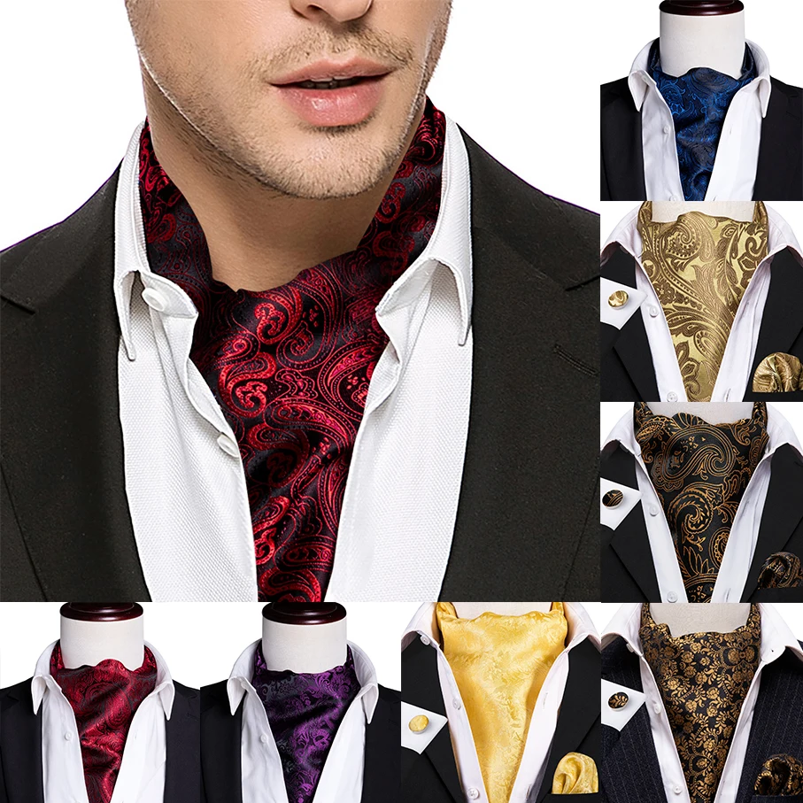 Silk Cravat Ascot Tie For Men Scarf  Suit Wine Red Mens Neck Wear Jacquard Set Fashion Pocket Square Cufflinks Barry.Wang AS-001
