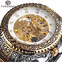 forsining diamond mens watches skeleton automatic wristwatch stainless steel mechanical outdoor watch golden mekaniska klockor