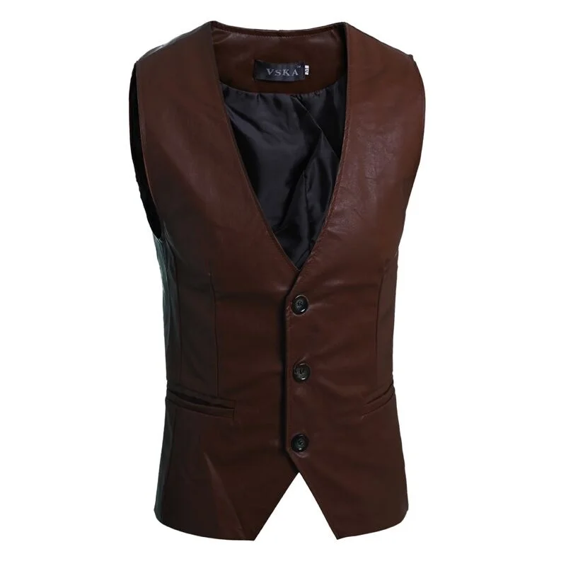 ZOGAA Men's Slim Vest Sleeveless Jacket Casual PU Leather Vests Button Open V-neck Geek Simple Joker Slim Fit Vest Men winter