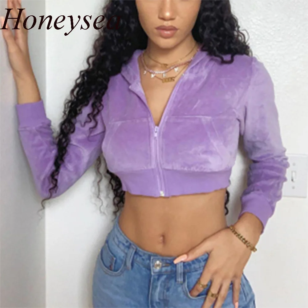 

Y2k 2020 Autumn Winter Fashion Cropped Hoodies Women Outfits Purple Sweatshirts Zip-Up Long Sleeve Pullover Streetwear Indie Kid