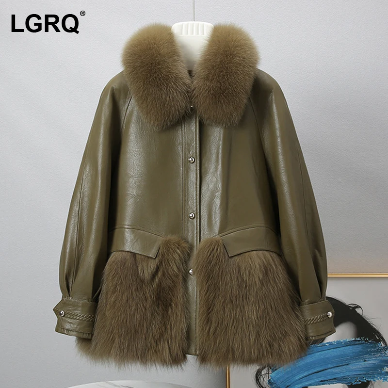 

[LGRQ] Thickened Warm Double-faced Spliced PU Leather Faux FurJacket Long Sleeve Women's Coat New Tide Autumn Winter 2021