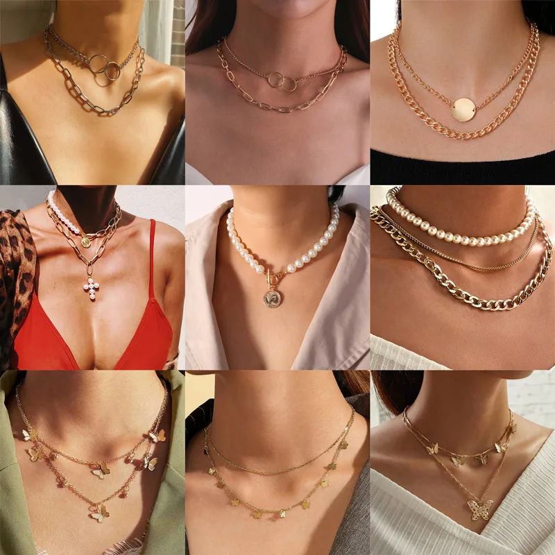 

WUKALO Bohemian Gold Necklaces For Women Multilayer Fashion Pearl Pendants Necklace Portrait Chokers Trendy New Jewelry Gift
