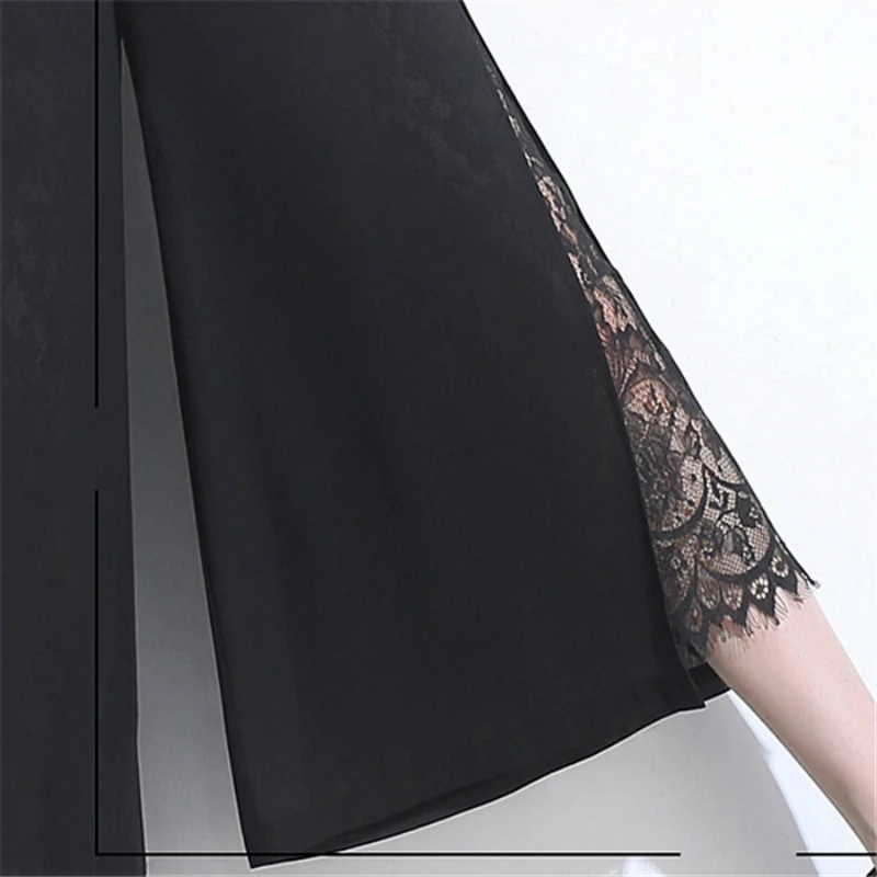 

2021 Summer Women Chiffon Wide Leg Pants Loose Office Lady Lace Patchwork Pant Black Elastic Waist Trousers Plus Size