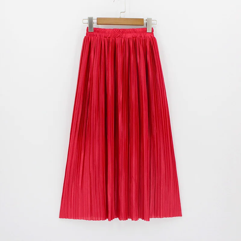 

Spring Summer Pleated Skirt Womens Vintage High Waist Skirt Solid Long Skirts New Fashion Casual Metallic Skirt Female