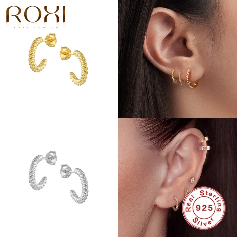 

ROXI 925 Sterling Silver Earrings For Women Twisted C-Shape Pendientes Puncture Small Stud Earrings Gold Silver Party Jewelry