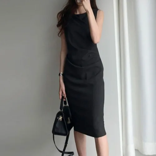 

XUXI Women Long Skirt, Single Slotted Sleeveless Dress, Round Neck, Solid Color, Summer, 2021 E806