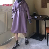2021 long hoodie dress thicken women autumnwinter loose korean style fleece top over the knee plus size hoodies oversized