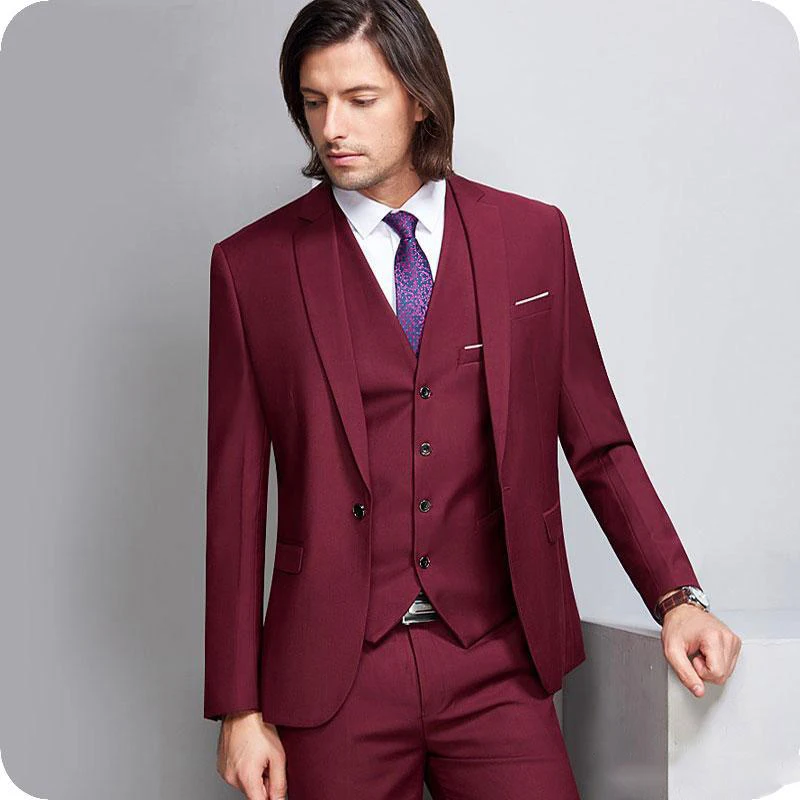 

New Arrival Groom Tuxedo Burgundy Men Suits Wedding Suit Man Blazer Notched Lapel 3 Piece Jacket Pant Vest Terno Masculino