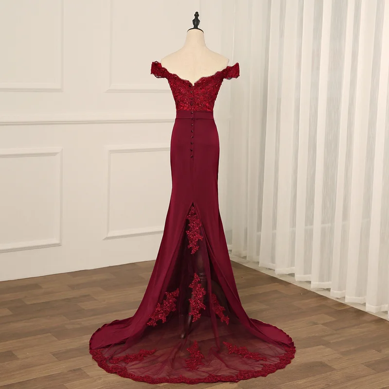 Женское вечернее платье с юбкой годе длинное Бордовое открытой спиной и