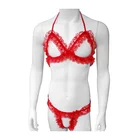 Эротический комплект нижнего белья для мужчин, мягкое кружевное белье с оборками, ажурное экзотическое нижнее белье, эротический комплект с бюстгальтером и бандажом