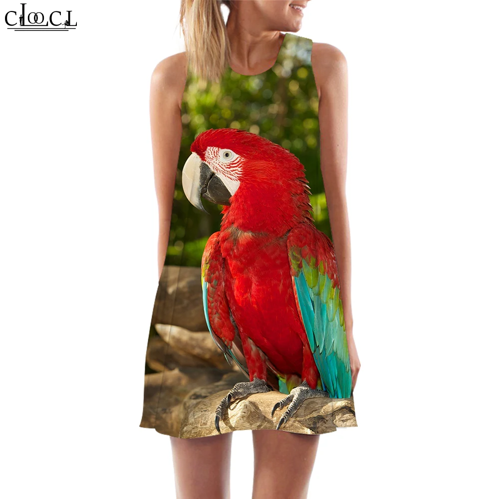 

CLOOCL Women Tank Top Dress Beautiful Macaw 3D Pattern Parrot Printed Dress Short Party Female Vest Casual Sleeveless Dress