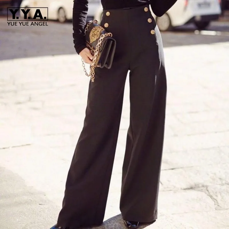 Spring New Runway Women Retro Straight Long Pants Double Breasted High Waist Trousers Female Loose Fit Office Ladies Brand Pants